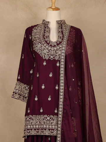 Wine Purple Floral Embroidered Georgette Palazzo Suit With Dupatta - Diadem