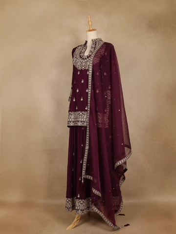 Wine Purple Floral Embroidered Georgette Palazzo Suit With Dupatta - Diadem