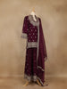 Wine Purple Floral Embroidered Georgette Palazzo Suit With Dupatta - Diadem
