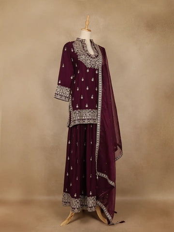 Wine Purple Floral Embroidered Georgette Palazzo Suit With Dupatta - Diadem