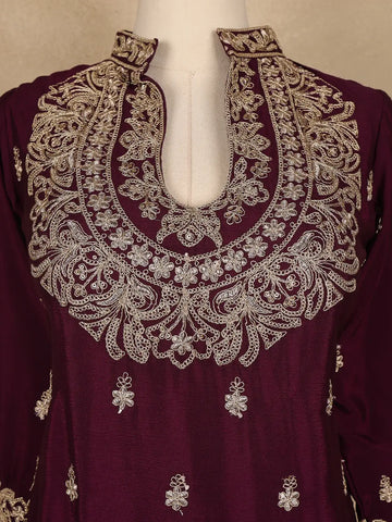 Wine Purple Floral Embroidered Georgette Palazzo Suit With Dupatta - Diadem