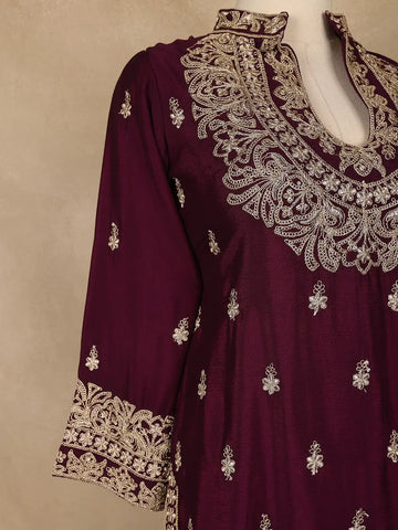 Wine Purple Floral Embroidered Georgette Palazzo Suit With Dupatta - Diadem