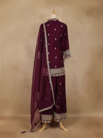 Wine Purple Floral Embroidered Georgette Palazzo Suit With Dupatta - Diadem