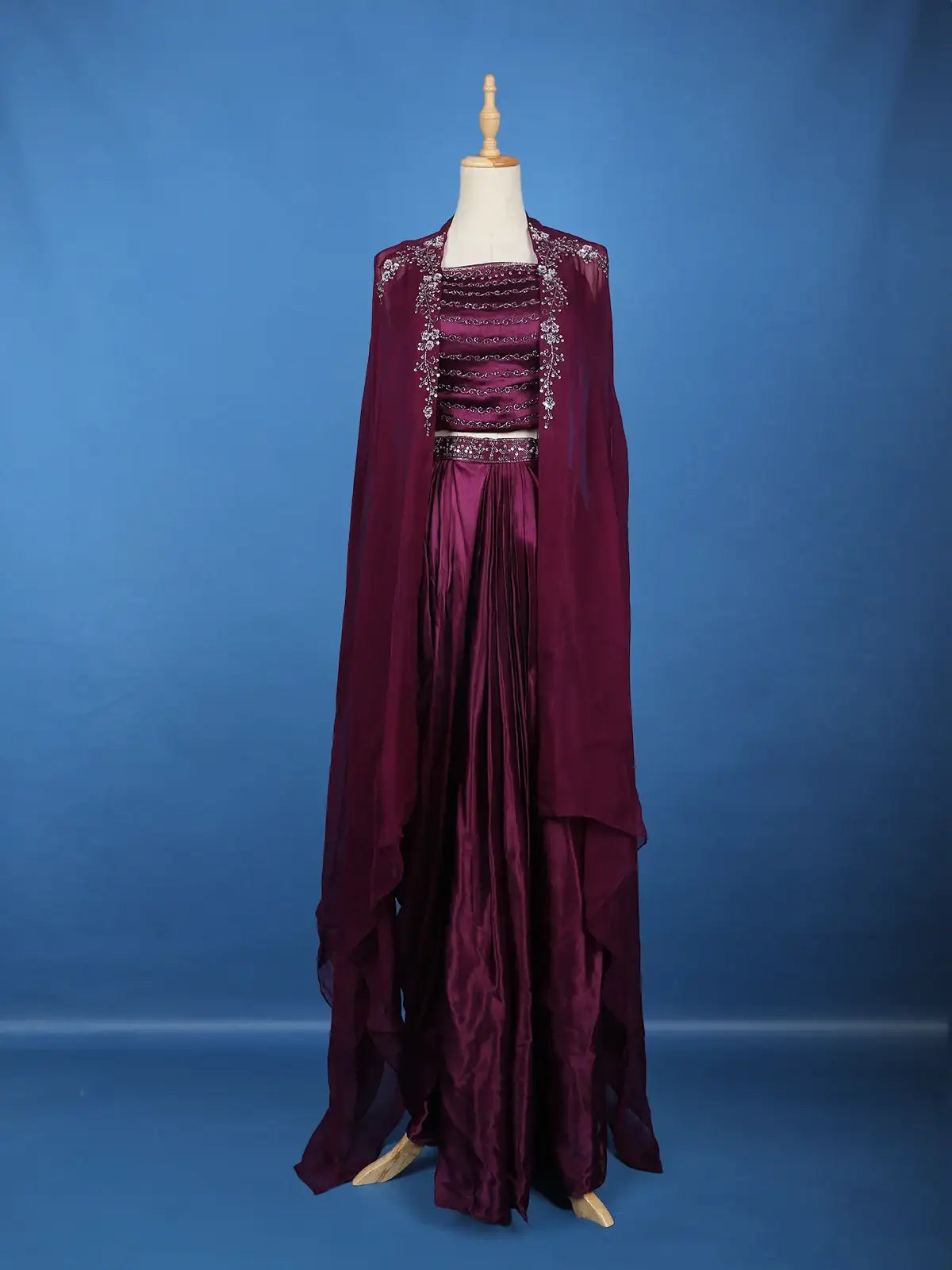 Wine Purple Floral Sequins Design Satin Skirt Top - Diadem