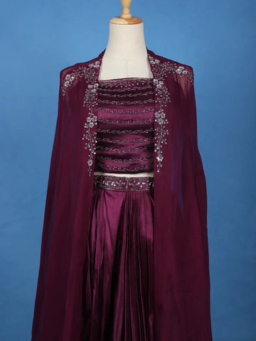 Wine Purple Floral Sequins Design Satin Skirt Top - Diadem