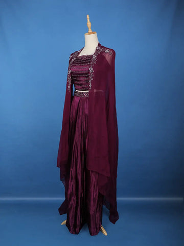Wine Purple Floral Sequins Design Satin Skirt Top - Diadem