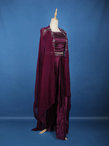 Wine Purple Floral Sequins Design Satin Skirt Top - Diadem