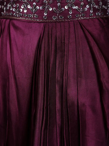 Wine Purple Floral Sequins Design Satin Skirt Top - Diadem