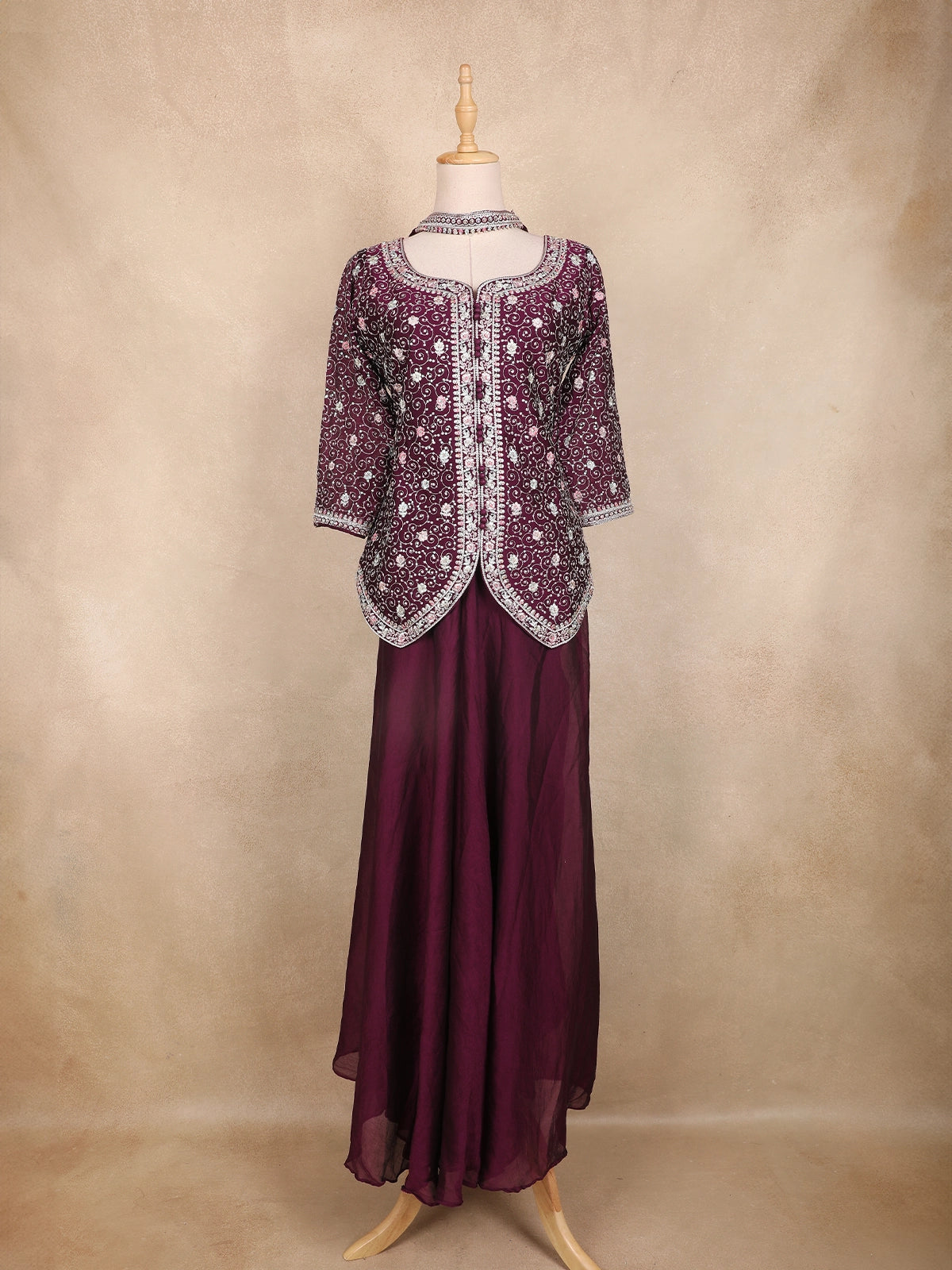 Wine Purple Floral Thread Embroidered Semi Silk Palazzo Suit with Dupatta