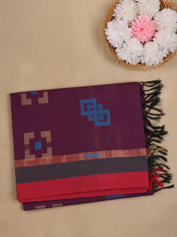 Wine Purple Geometric Design Cotton Saree - Diadem