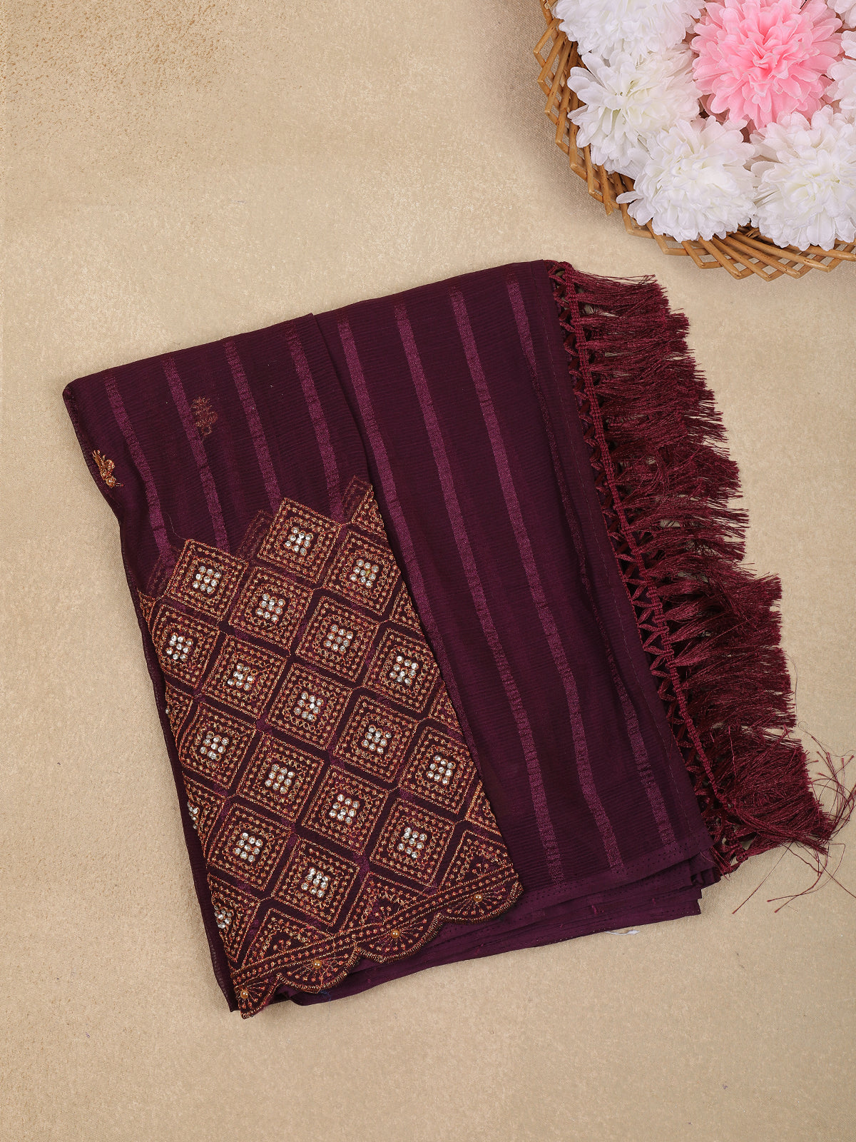 Wine Purple Striped Design Georgette Saree With Designer Blouse