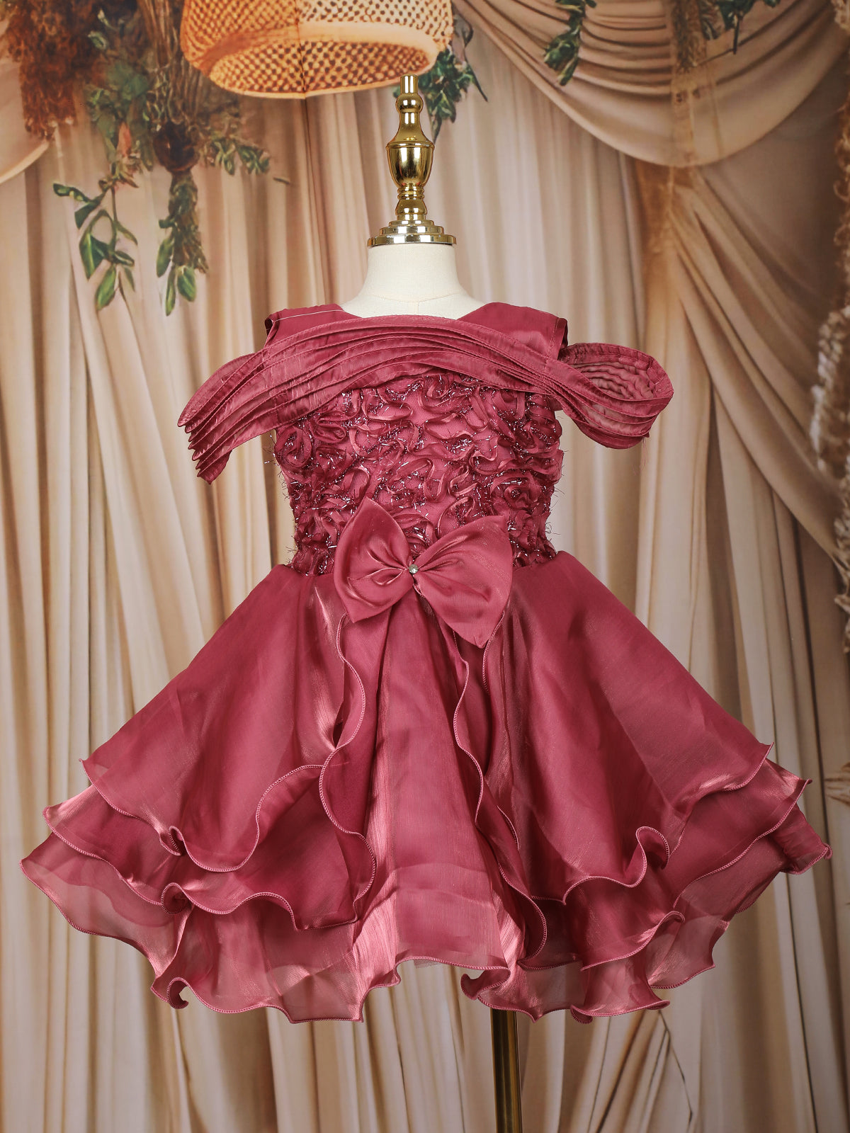 Wine Rose Layered Design Organza Party Frock With Bow Detailing