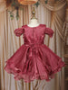 Wine Rose Layered Design Organza Party Frock With Bow Detailing