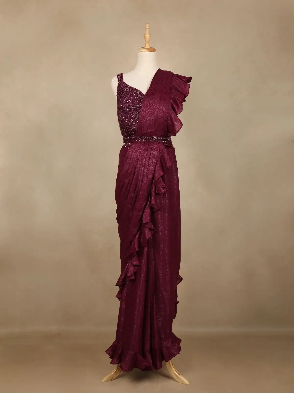 Wine Sequin Georgette Ready To Wear Saree with Designer Blouse - Diadem