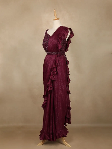 Wine Sequin Georgette Ready To Wear Saree with Designer Blouse - Diadem