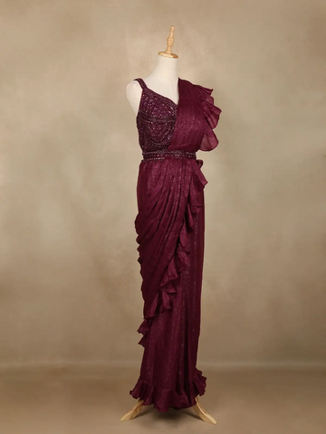 Wine Sequin Georgette Ready To Wear Saree with Designer Blouse - Diadem