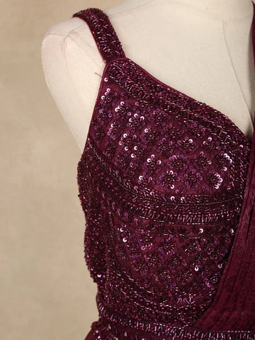 Wine Sequin Georgette Ready To Wear Saree with Designer Blouse - Diadem