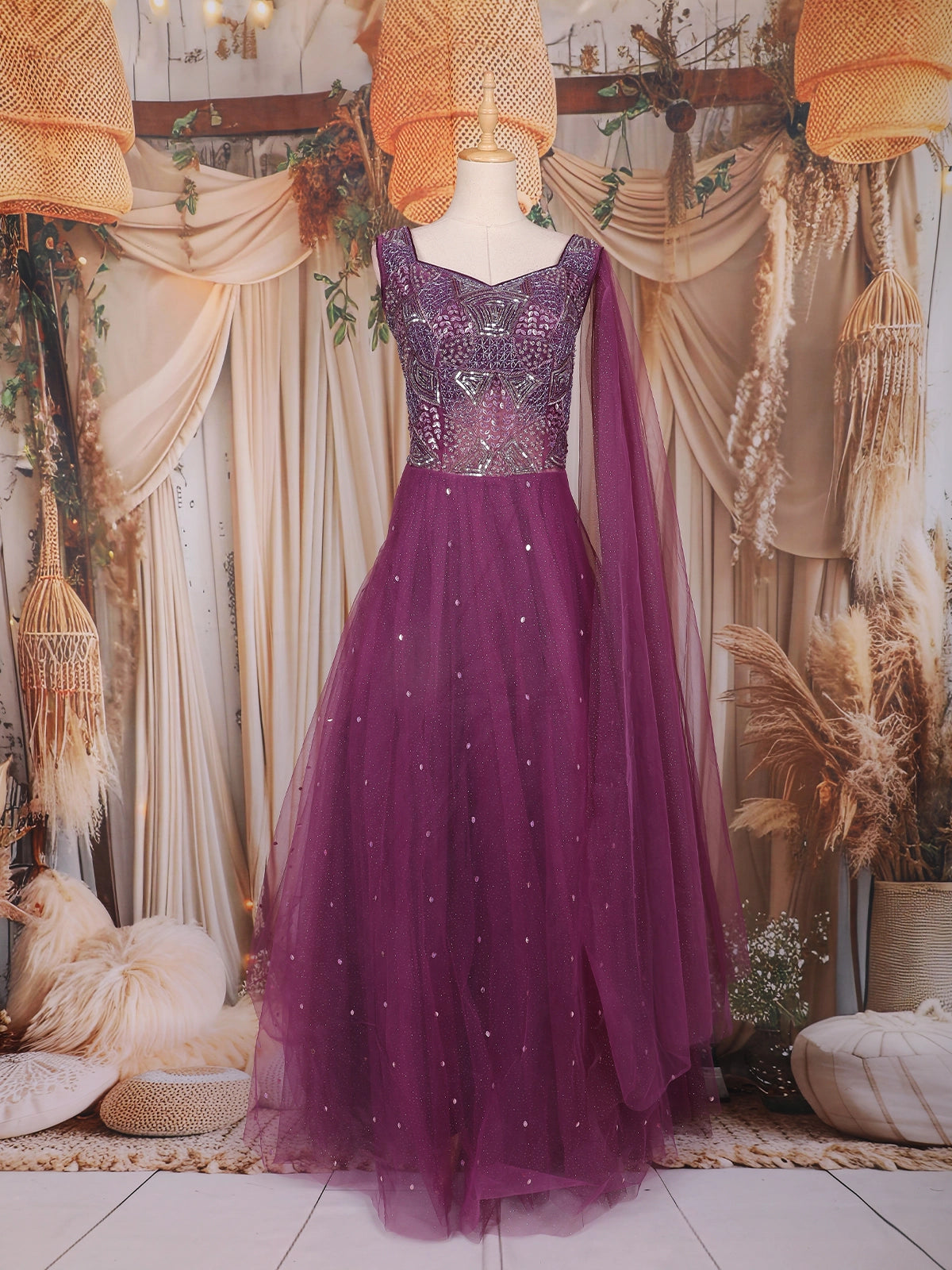 Wine Sequins and Beads Embroidered Design Net Gown