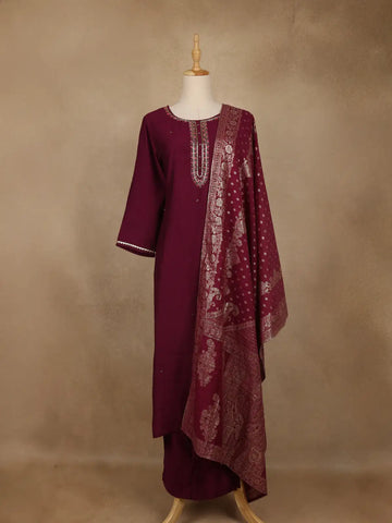 Wine Solid Design Salwar Suit With Banarasi Dupatta - Diadem