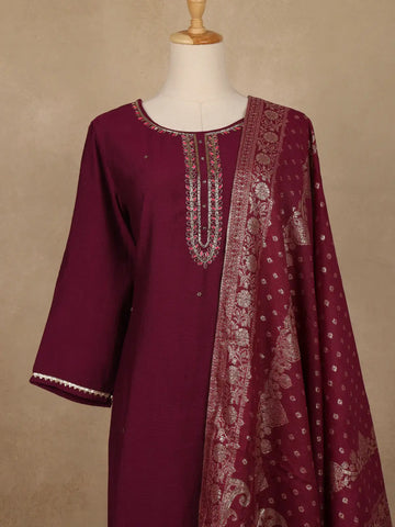 Wine Solid Design Salwar Suit With Banarasi Dupatta - Diadem