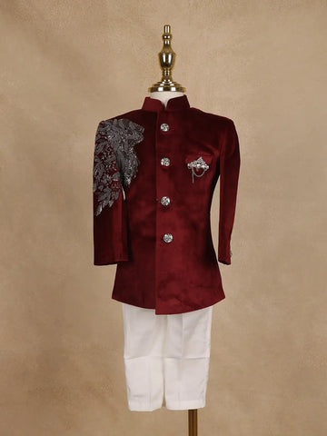 Wine Velvet Indo-Western Kids Sherwani With Beads Embellished Shoulder - Diadem