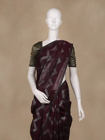 Wine Zigzag Woven Kota Cotton Saree - Diadem
