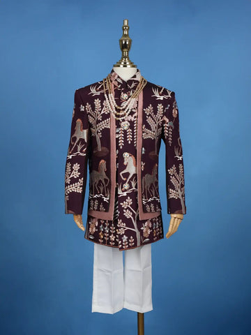 Wine Embroidery Worked Cotton Sherwani and Pant Set - Diadem