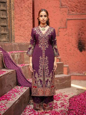 Wine Floral Embroidered Crepe Palazzo Salwar Suit - Diadem