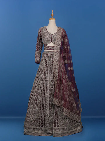 Wine Floral Embroidered Net Lehenga for Bridesmaids - Diadem