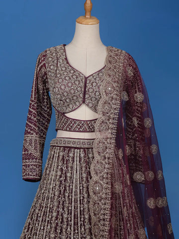 Wine Floral Embroidered Net Lehenga for Bridesmaids - Diadem