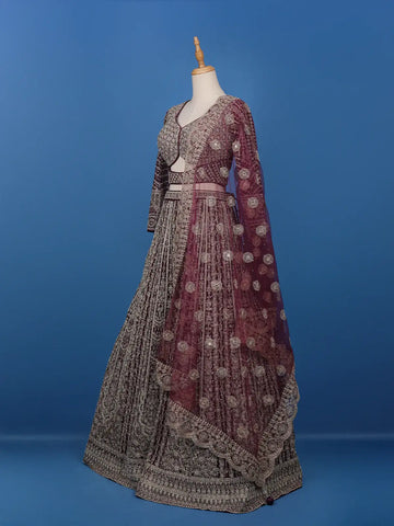 Wine Floral Embroidered Net Lehenga for Bridesmaids - Diadem