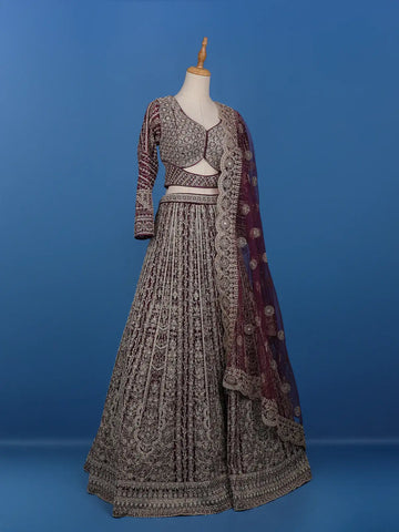 Wine Floral Embroidered Net Lehenga for Bridesmaids - Diadem