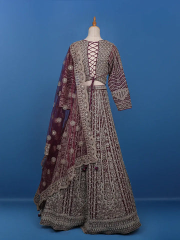 Wine Floral Embroidered Net Lehenga for Bridesmaids - Diadem