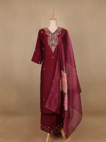Wine Floral Embroidered Raw Silk Straight Cut Salwar Suit - Diadem
