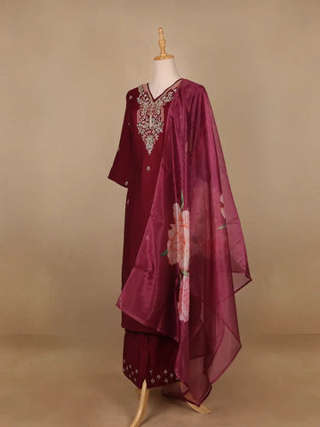 Wine Floral Embroidered Raw Silk Straight Cut Salwar Suit - Diadem