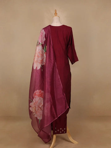 Wine Floral Embroidered Raw Silk Straight Cut Salwar Suit - Diadem