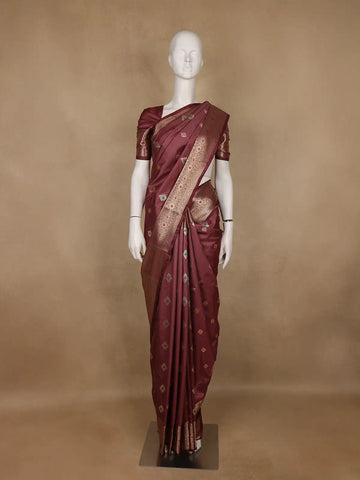 Wine Maroon Floral Butta Woven Pure Kanchipuram Silk Saree - Diadem
