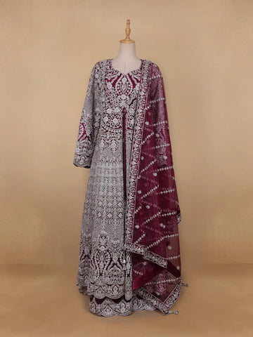 Wine Maroon Floral Embroidery Net Bridal Gown - Diadem