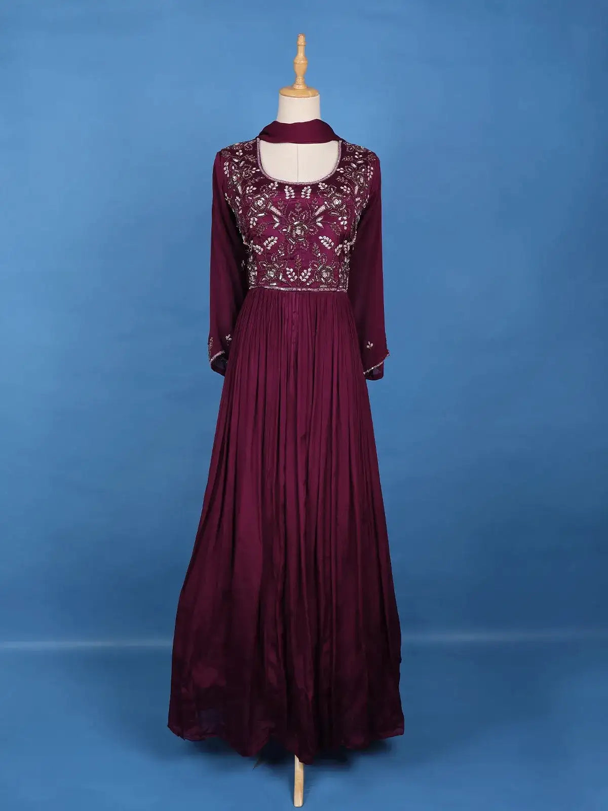 Wine Purple Sequins And Floral Embroidery Crepe Gown - Diadem