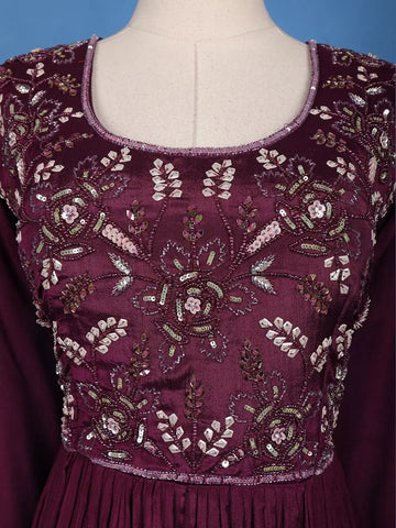 Wine Purple Sequins And Floral Embroidery Crepe Gown - Diadem