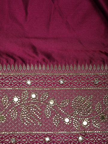 Wine Solid Design Satin Saree with Mirror Work & Heavy Zari Embroidered Border - Diadem