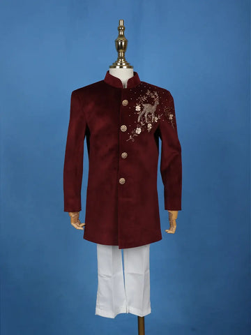 Wine Velvet Deer Design Bead Work Sherwani and Pant Set - Diadem