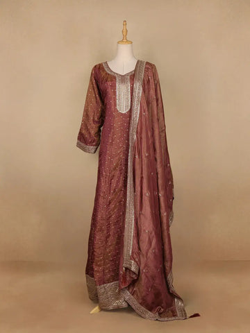 Woodrose Pink Dot Designed Tissue Silk Gown - Diadem