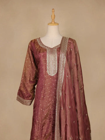 Woodrose Pink Dot Designed Tissue Silk Gown - Diadem