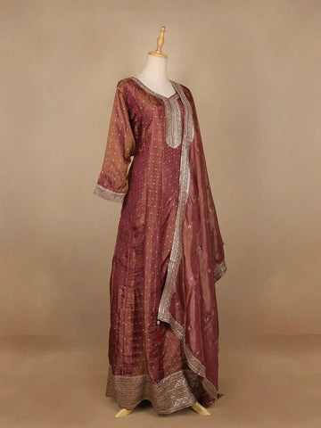 Woodrose Pink Dot Designed Tissue Silk Gown - Diadem
