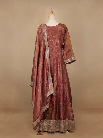 Woodrose Pink Dot Designed Tissue Silk Gown - Diadem