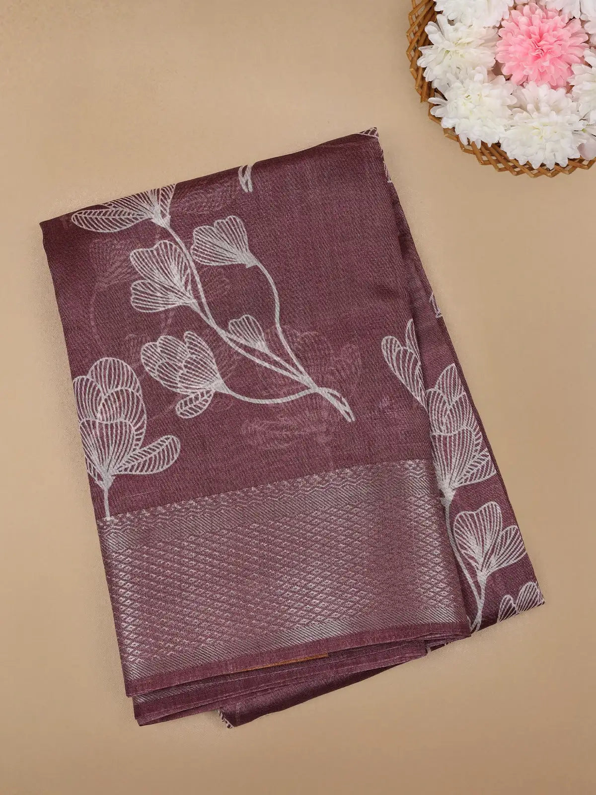 Woodrose Pink Floral Designed Fancy Cotton Saree - Diadem