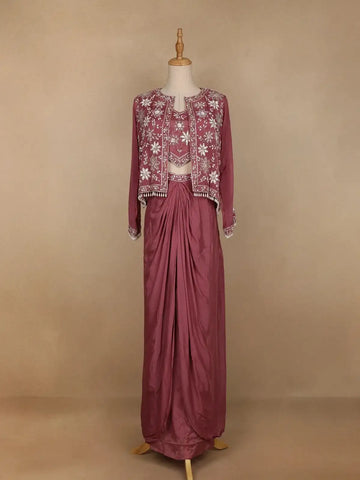 Woodrose Pink Floral Embroidered Crepe Bridesmaids Lehenga - Diadem