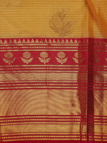 Yelllow Floral And Stripes Woven Pure Kanchipuram Silk Saree - Diadem