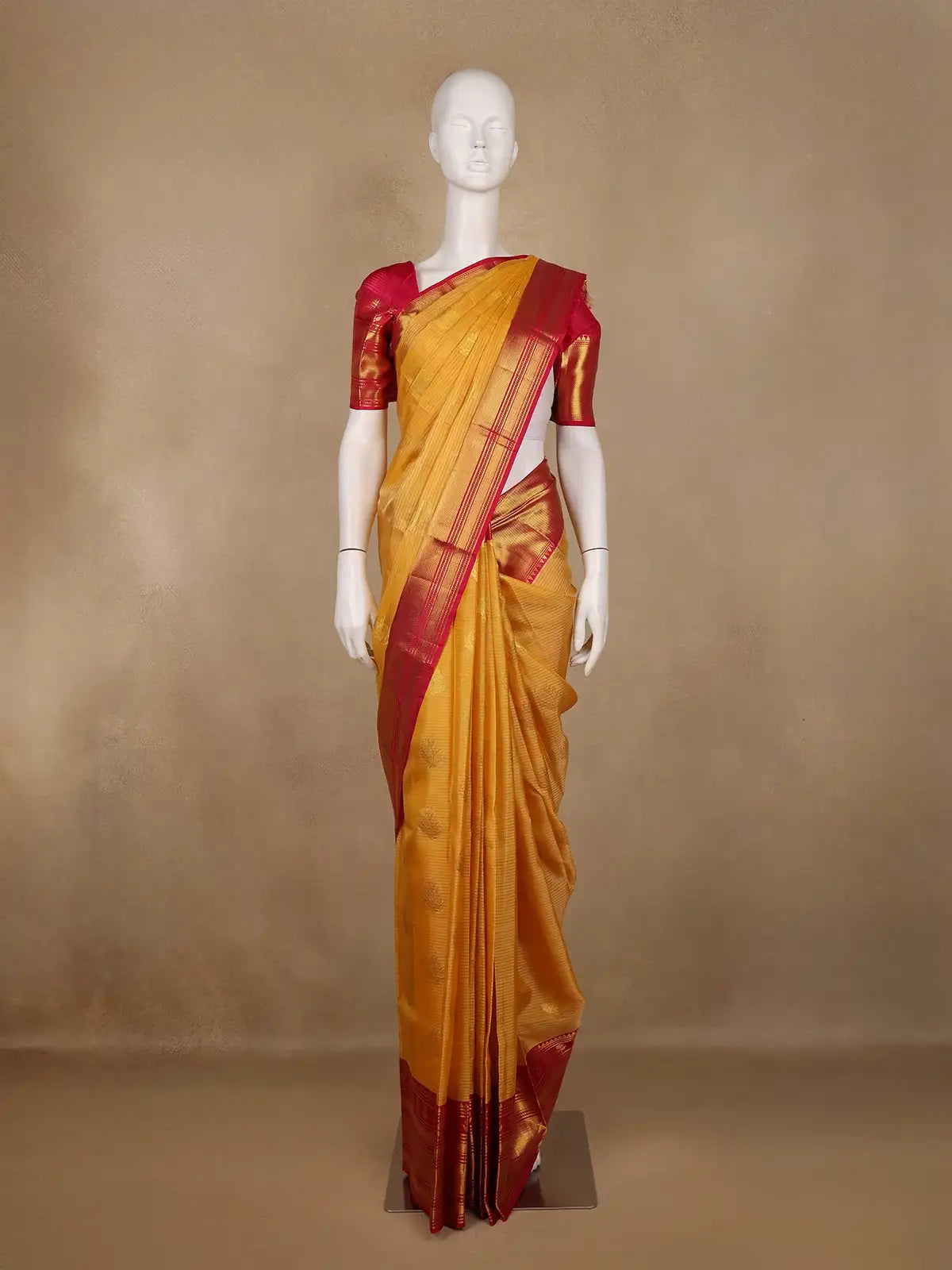 Yelllow Floral And Stripes Woven Pure Kanchipuram Silk Saree - Diadem